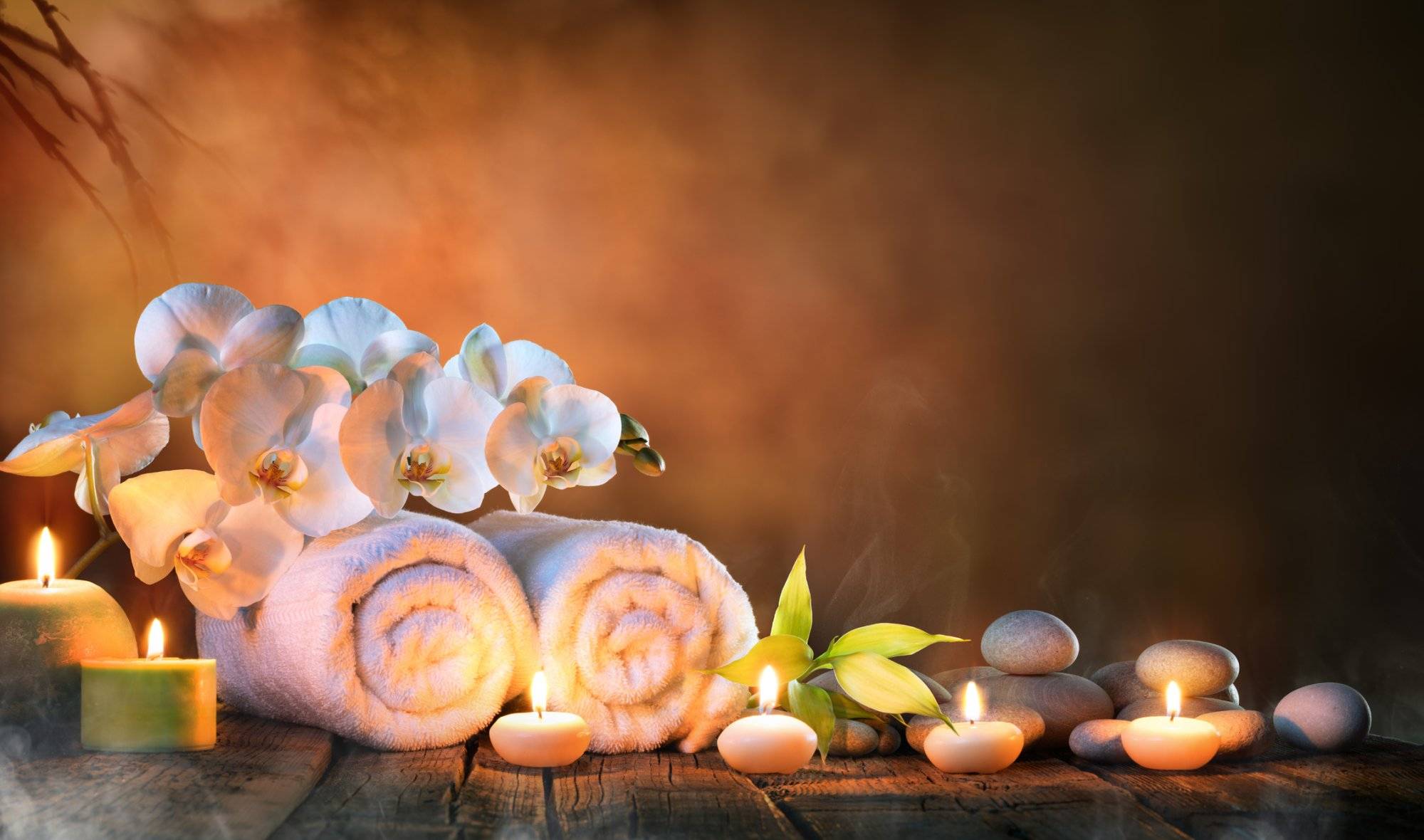 Spa – Couple Towels With Candles And Orchid Spa - Couple Towels With Candles And Orchid